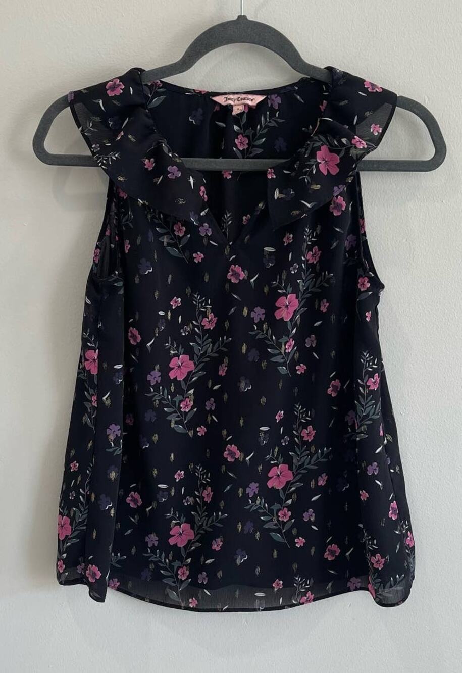 Women's Small JUICY COUTURE Sleeveless Ruffled Collar Floral Top